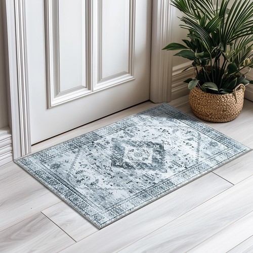 2x3 Washable Vintage Boho Entryway Rug Non-Slip Grey/Black Kitchen Rug - Picture 2 of 8