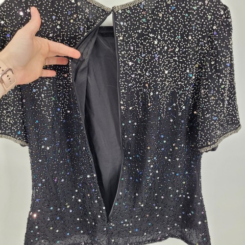 Stenay womens large 80s grey beaded sequin round neck vintage silk blouse - Picture 6 of 9