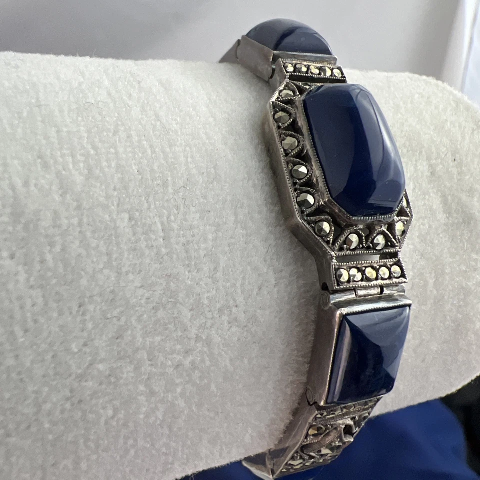 Sterling Silver Lapis Lazuli Bracelet Hinged Marcasite 935 Art Deco 7 " Filigree - Image 3 of 4