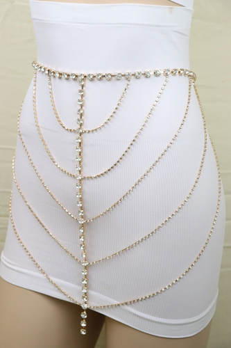 Women Gold Metal Chain Wave High Waist Bating Suit Cover Belt Rhinestone Fit S M - Picture 8 of 24