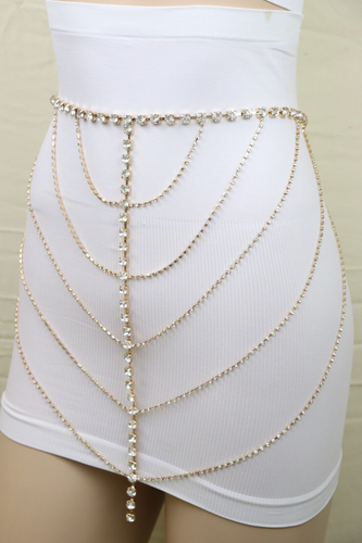 Women Gold Metal Chain Wave High Waist Bating Suit Cover Belt Rhinestone Fit S M - Picture 1 of 24