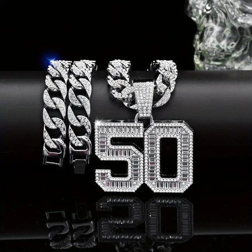 Cuban 50 cent Pendant Iced Hip Hop Gold Silver Plated Cubic Zirconia Bling Chain - Picture 4 of 10