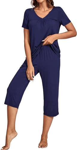 LYANER Women's Pajamas Soft Pleated Short Sleeve Top and Capri Lounge Pants Pj S - Picture 6 of 6