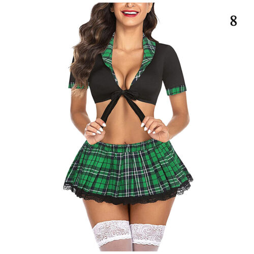 Sexy Women's Tartan Pleated Mini Skirt Set Check Schoolgirl Outfit Cosplay - Picture 6 of 21