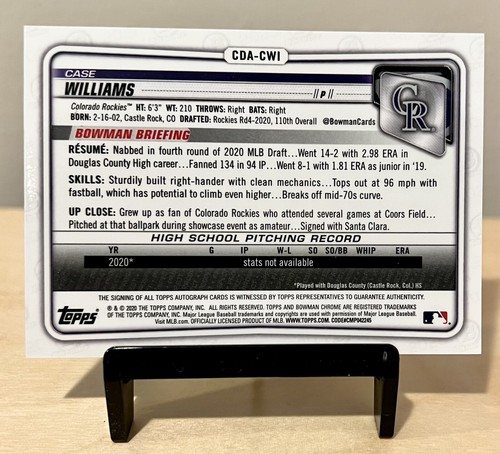 Tarjeta automática Case Williams 2020 Bowman Draft Base #CDA-CWI, 1st Bowman, Rockies - Imagen 2 de 2