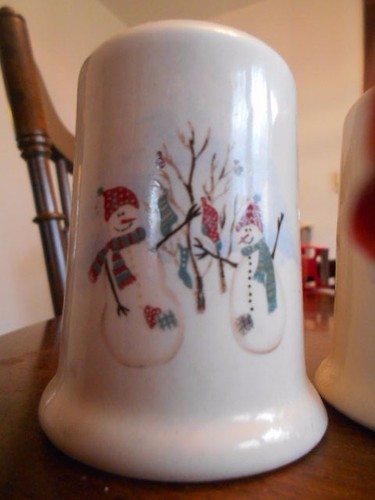 Jolly Snowmen Salt Pepper Set (s) 3 1/2" H Royal Seasons Stoneware White Red ! - Picture 4 of 12