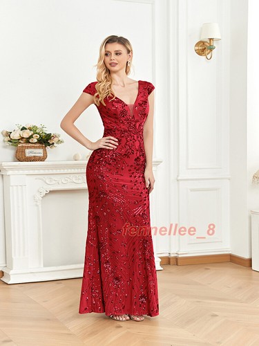 Womens Sequin Long Formal Dress V Neck Evening Dress Ball Gown Short Sleeve Maxi - Picture 21 of 31