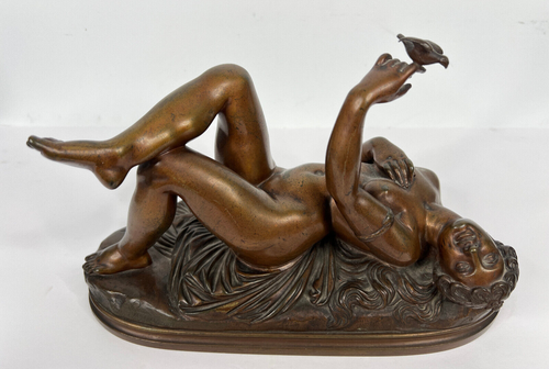Vintage Bronze Kunst Skulptur nackte Dame hält einen Vogel 12 Zoll