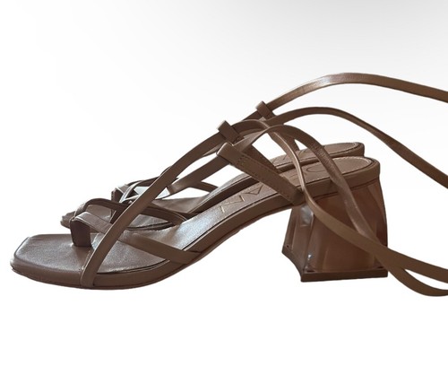 Deltan $98 Fawn Nude Ankle Wrap Strappy Block Heel Thong Sandals Sz 6.5 NEW - Picture 8 of 12