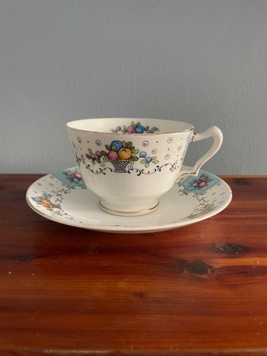Crown Staffordshire Blue Fruit Basket Dessert Set Cup Saucer Plate Porcelain - Picture 10 of 12