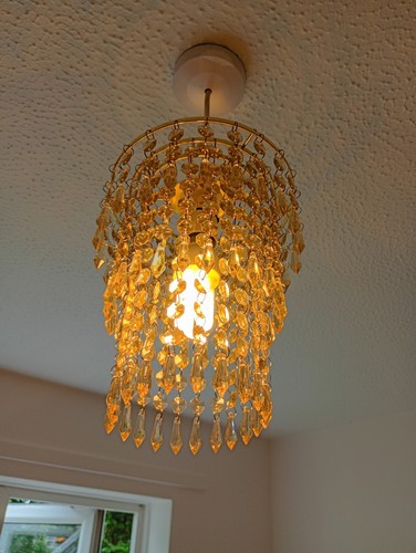 SET OF 2 CRYSTAL PENDANT CEILING LIGHT SHADE GREEN AMBER USED GOOD CONDITION - Picture 2 of 10