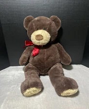 Hug Fun Dark Chocolate Brown Teddy Bear Plush Red Bow Tan Snout 22" Toy Lovey