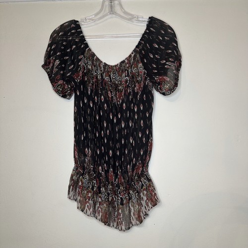 mia moda top Blouse Size 8 Black multi Off The Shoulder Bardot Sheer Elastic - Picture 6 of 9
