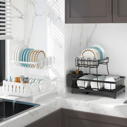 Dish Drainer Drying Rack with Cup Holder Foldable Cutlery Tray Kitchen Organiser - Picture 24 of 60