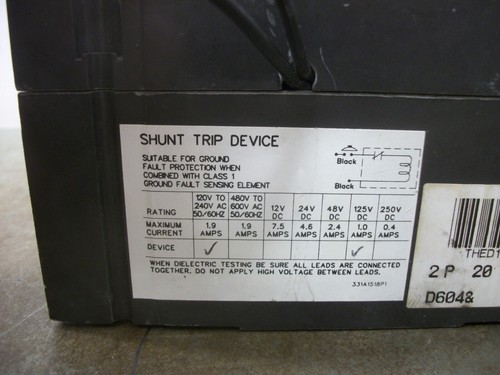 GE THED CIRCUIT BREAKER THED124020 20AMP 480VOLT 3POLE W/SHUNT NOB - Picture 4 of 5
