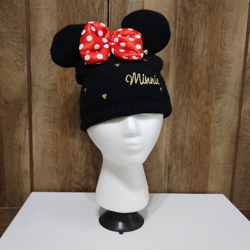 Kids Disney Minnie Mouse Ears Beanie Hat Black Gold Childrens Girls Red Bow - Picture 2 of 9