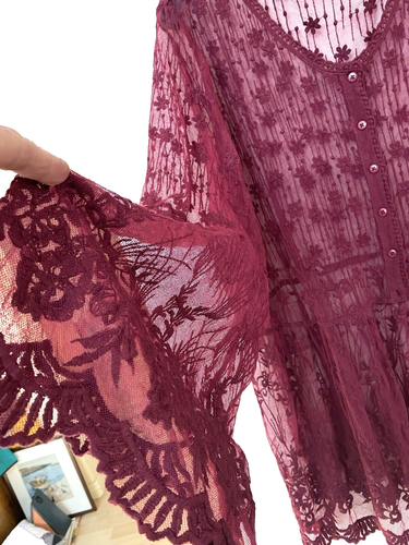 Burgundy Lace Sheer Duster Floral Coquette Fairy Romantic Red XL / XXL Sz 18-20 - Picture 3 of 10