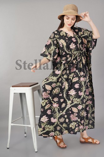 Trendy Handmade Cotton Kaftan Elegant Black & Pink Floral Long Caftan Beach Wear - Picture 3 of 6