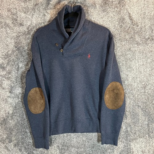 Polo Ralph Lauren Shawl Collar Sweater Mens Small Blue Suede Elbow Patches