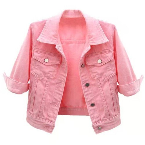 Womens Denim Jacket Womens Coat Color Plain Top Button Up Ladies Short Jean Top - Picture 12 of 14