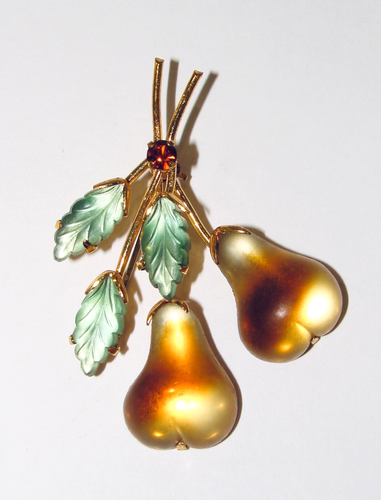 Vintage ÖSTERREICH SIGNIERT 2 BIRNEN VERBOTENE OBST BROSCHE ANSTECKNADEL GESCHMOLZEN GLAS - Bild 3 von 4