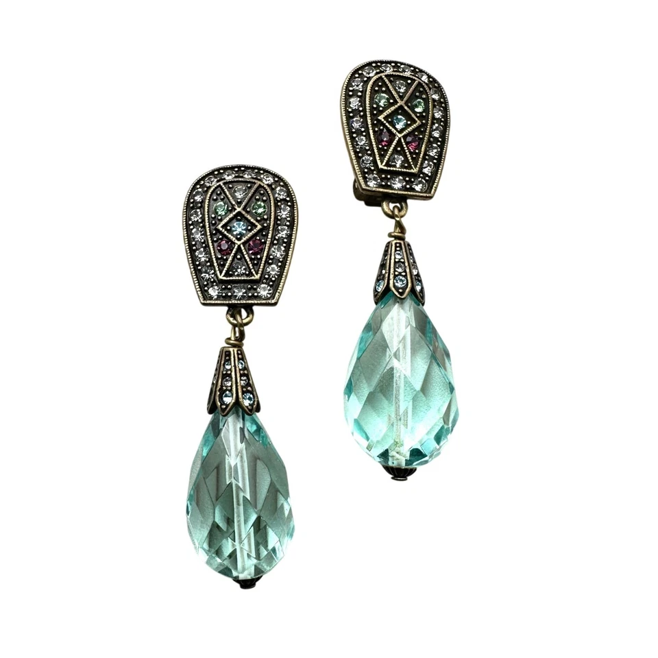 Heidi Daus Blue Crystal Bronze Clip Earrings Chandelier 2 Inch - Image 2 of 3