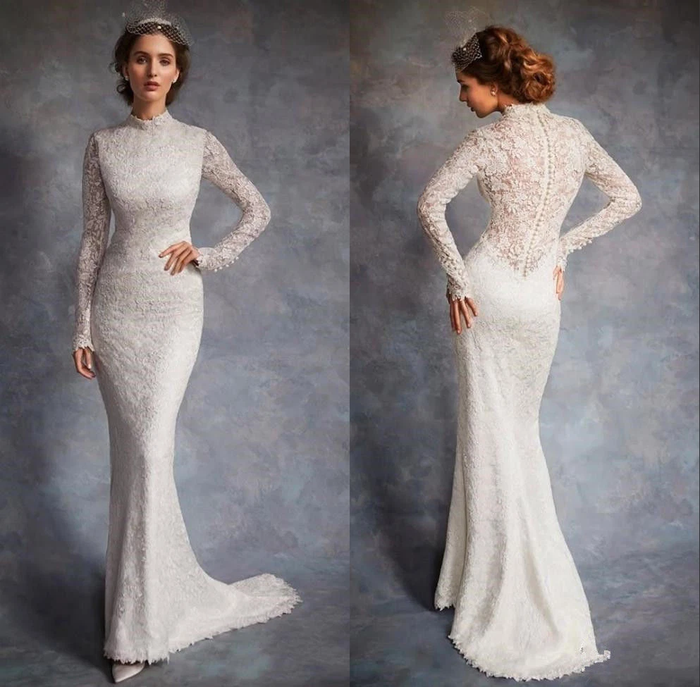 Modest Long Sleeve Lace A-Line Wedding Dress with High Neckline