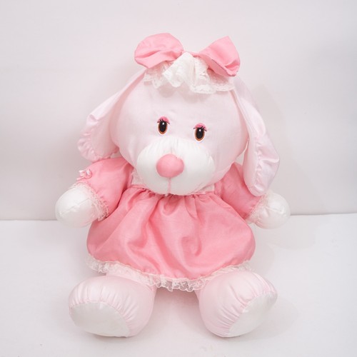 1987 Potpourri Press Pink Bunny Rabbit Nylon Plush Bow Lace Dress Sewn Eyes