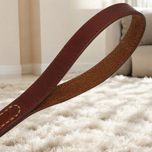 5.5 ft long Brown Leather Dog Strong Leads Dual Handle Pet Traffic Leash - Picture 4 of 5