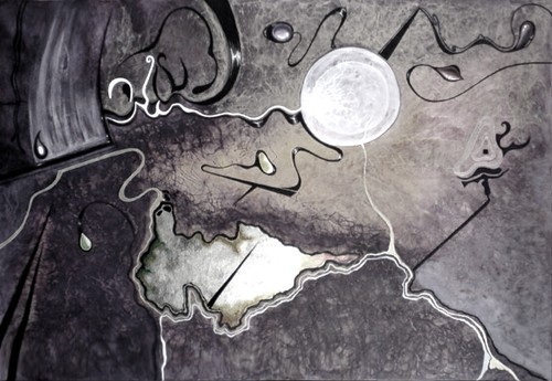 abstract art painting original minimalist black & white cosmic landscape graphic - Picture 2 of 24