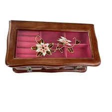 Vintage Mele Jewelry Box Small Wood Floral Glass Flip Top Pink Velvet Drawer