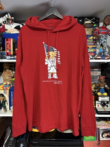 Polo Ralph Lauren Polo Bear USA Flagge Langarm Hoodie T-Shirt rot Größe Large