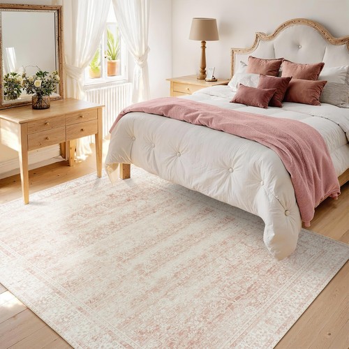 Light Pink Bedroom Rugs 6x9 Aesthetic Cute Boho Floral Feminine Soft Faux Woo...
