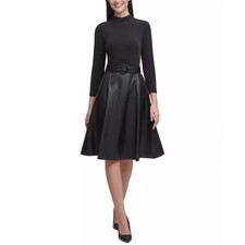 Calvin Klein Size 8 Black Faux Leather Mock Neck Fit & Flare Dress Belted HR4-4