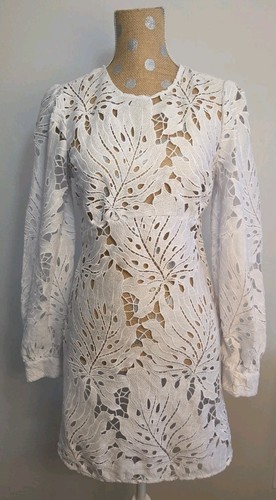 Michael Kors White Chambray Palm Guipure Lace Mini Dress Limited Edition Sz 8  - Picture 1 of 8