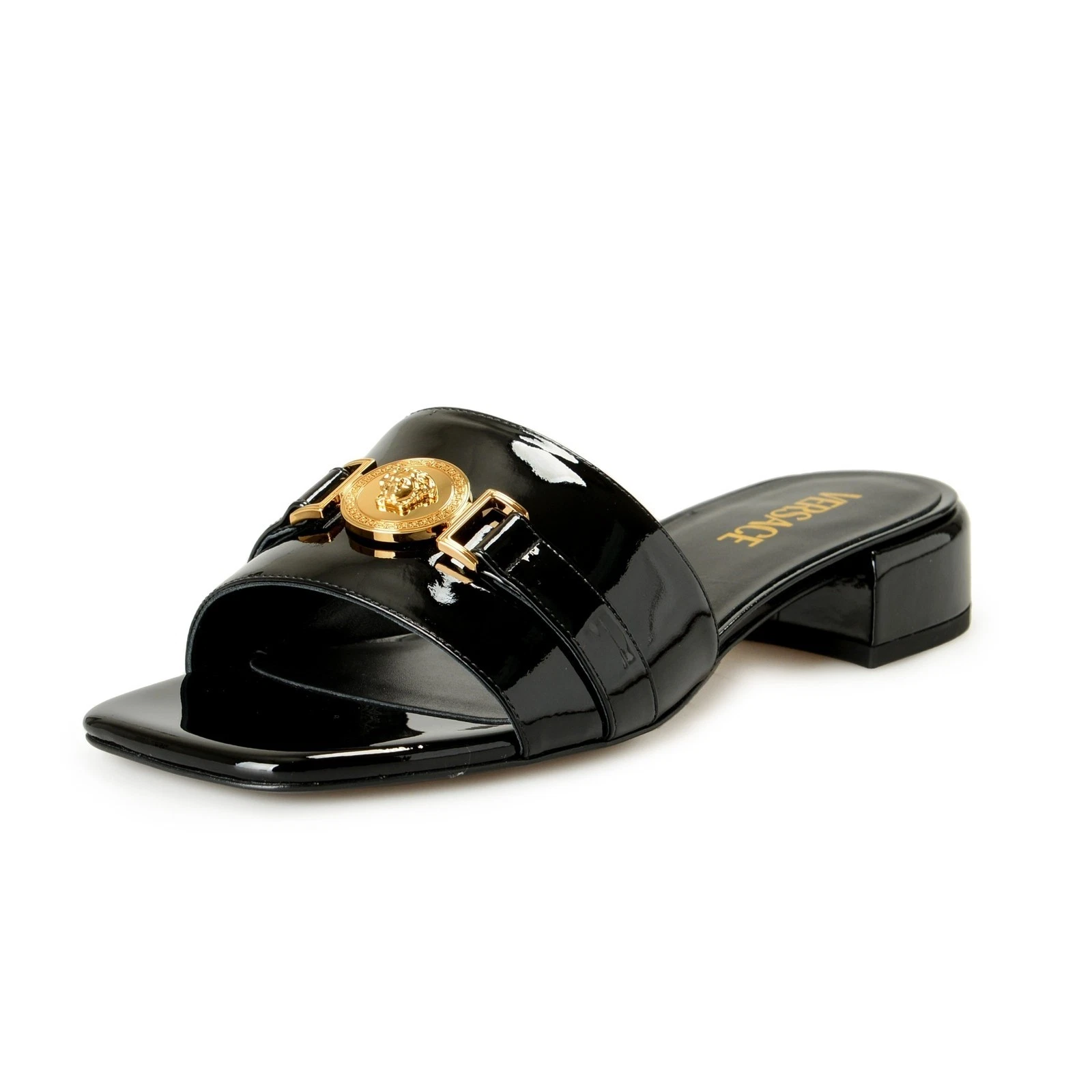 Versace — Versace Women's Black Leather Gold Medusa Sandals Flip Flop Shoes US 11 IT 41