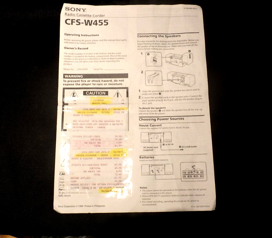 Sony CFS-W455,  Boom Box, Original Operating Instructions, Free Shipping