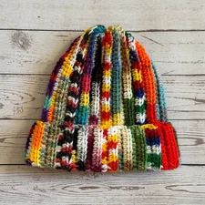 Handmade Multicolor Crochet Beanie – Ribbed Folded Brim – Melange Segment-Dyed Y