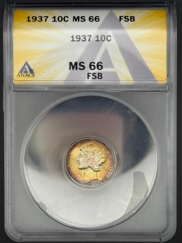 1937 MS 66 Full Bands Mercury Dime ANACS 10c -STUNNING COLORFUL RAINBOW TONING!-