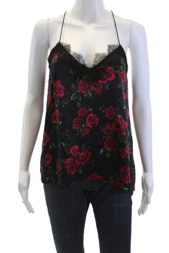 Cami Womens Silk Floral Print Lace Trim Pullover Tank Top Blouse Black Size S