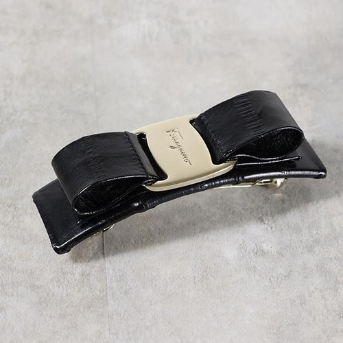 Salvatore Ferragamo Vara Ribbon Barrette Hair clip Black Leather 9.3x2.6cm Boxed - Picture 3 of 4