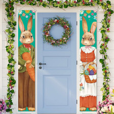 2 Pieces Happy Easter Door Banner Sign Cute Bunny and Eggs Spring Porch Banner f