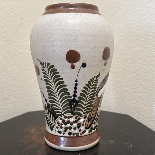 Tonala Vase Signed Mateos Mexican Folk Art Pottery Bird Blue Gray Butterfly 9” - Picture 2 of 18
