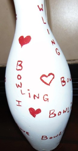 Vintage BOWLING PIN Hand Painted Art Decor I LOVE BOWLING Plastic over WOOD AMF - Picture 7 of 11
