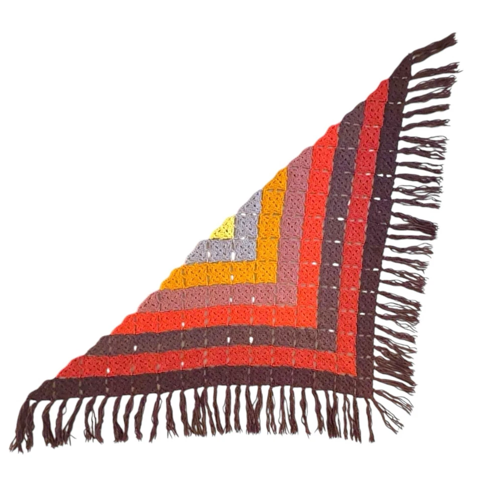 复古 70 年代钩针三角披肩裹多色奶奶方形条纹波西米亚 — 第 4/4 张图片