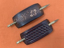 2 Leather Hair Barrettes w Sticks, Ponytail, Butterfly Flower, Handcrafted 211