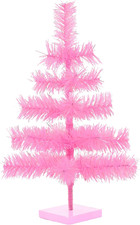 18 Inch Small Pink Tinsel Christmas Tree, Tabletop Centerpiece, Wood Base Stand