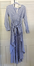 Shirt Waist Maxi Dress Size M Blue White Stripe Tie Ruffles Lightweight Shein