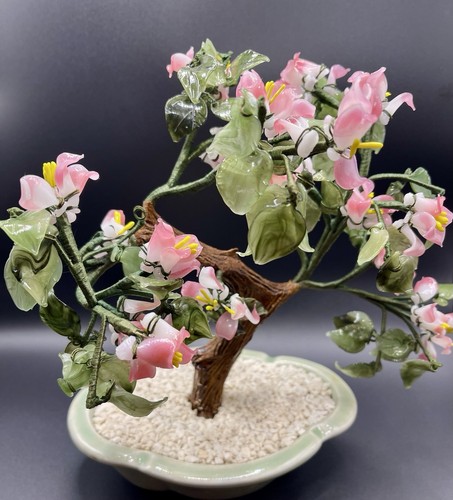 Vintage Jade Rosenquarz Glas Bonsai Baum Blume rosa Blüten orientalisch asiatisch - Bild 21 von 24