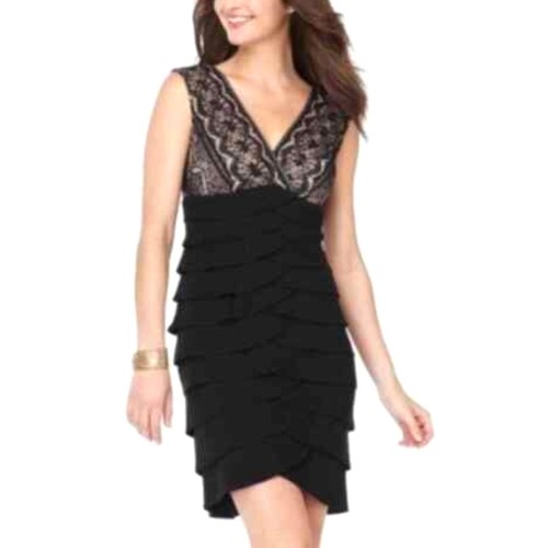 Jessica Howard Size 8P Petites Lace Bodice Artichoke Tiered Skirt Dress Black